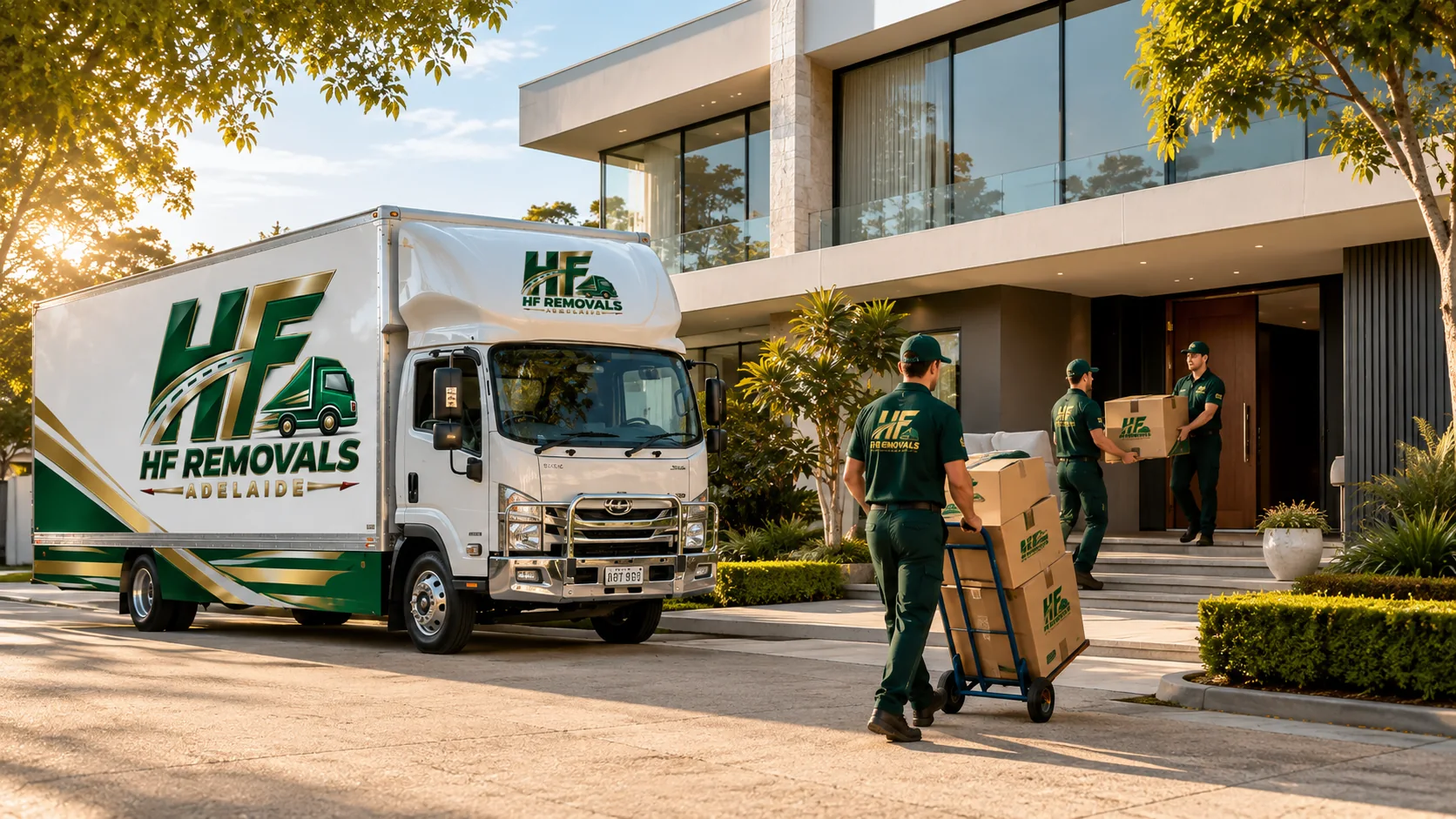 HF Removals Adelaide crew moving labelled cartons into a residential property