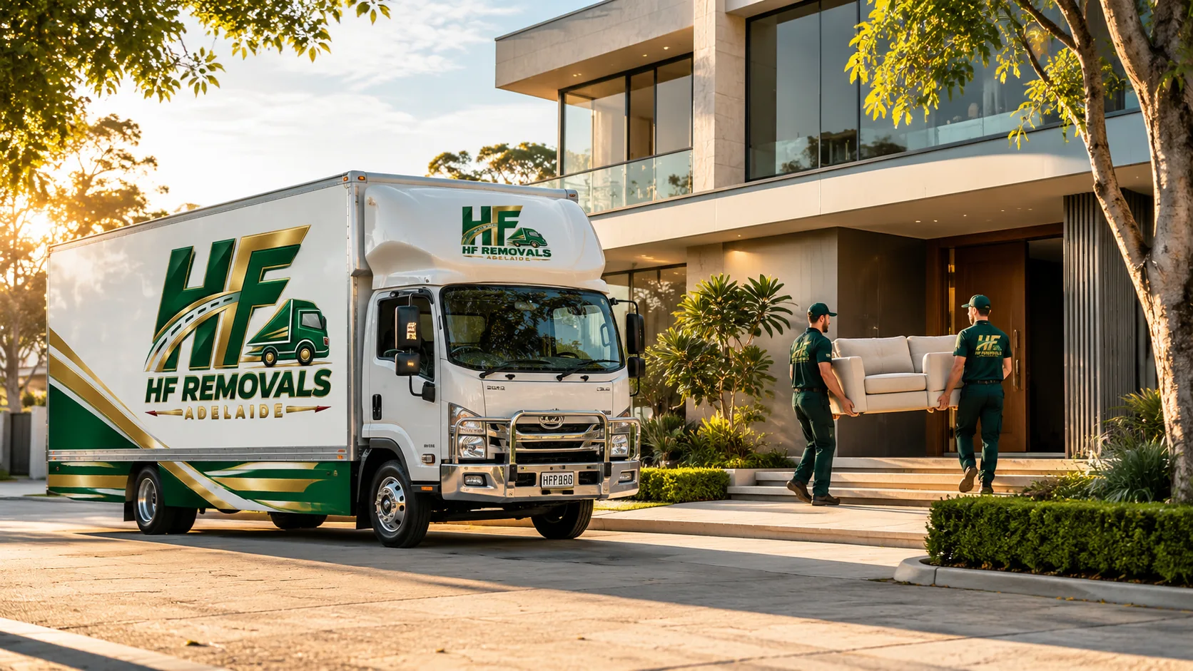 HF Removals Adelaide truck parked at a home while two movers carry a sofa to the door